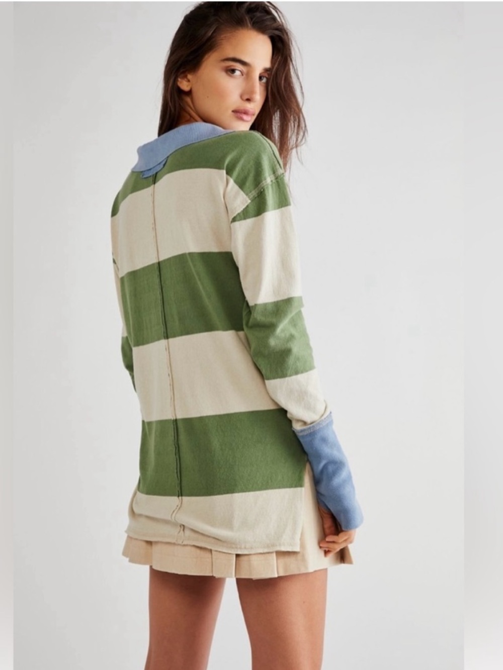 NWT We The Free People Green Striped Rugby Top Long Sleeve Thumbhole Size Medium - Picture 3 of 8